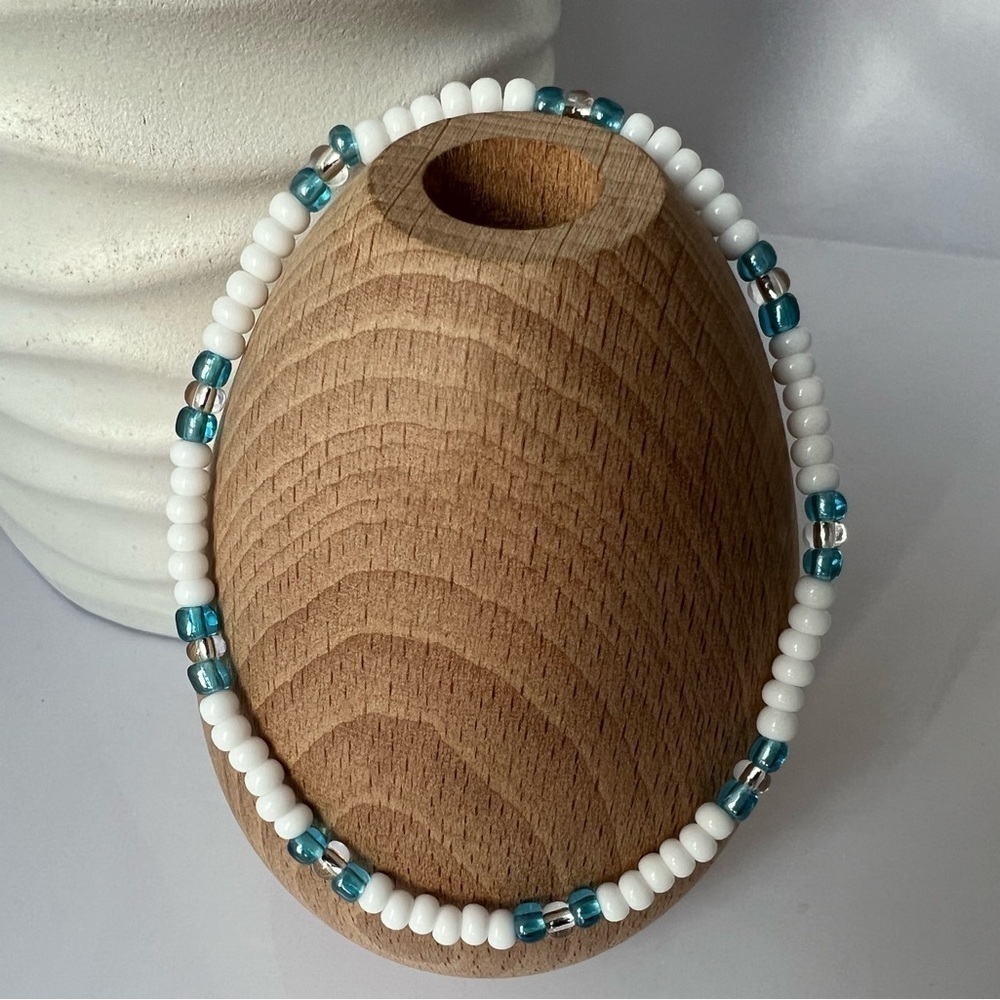 Stretch Beaded Anklet with White & Baby Blue Glass Beads